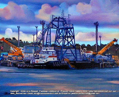 tug ''Edi'  and OES barge at Glebe Island Wharf from Jacksons Landing Pyrmont oil painting by artist Jane Bennett